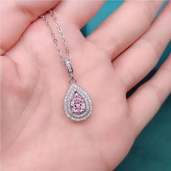 The Pretty in Pink Teardrop Pendant necklace in 925 silver and cubic zirconia - Picture 6 of 8